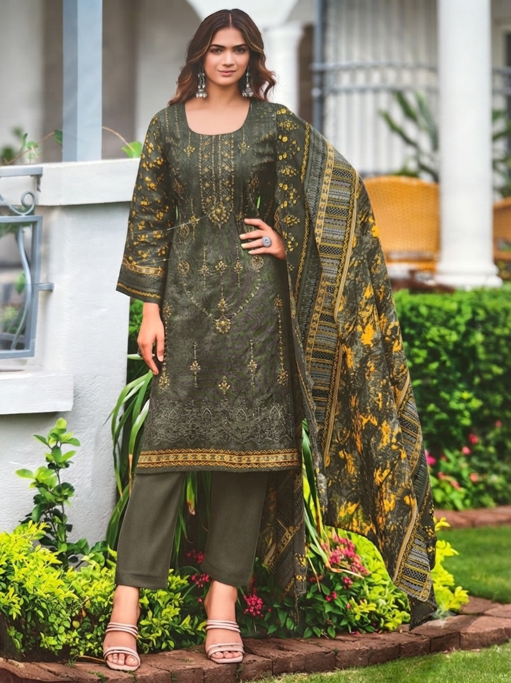 Olive & Mustard Embroidered Women's Salwar Kameez